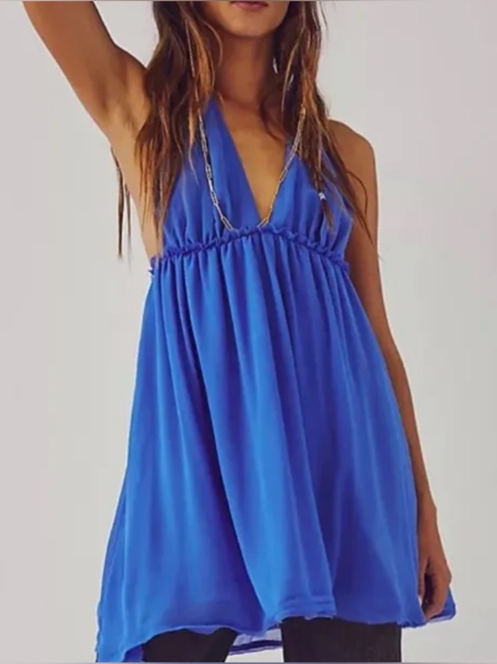 Free People Esme Chiffon Halter Mini Dress Large Electric Blue Like New